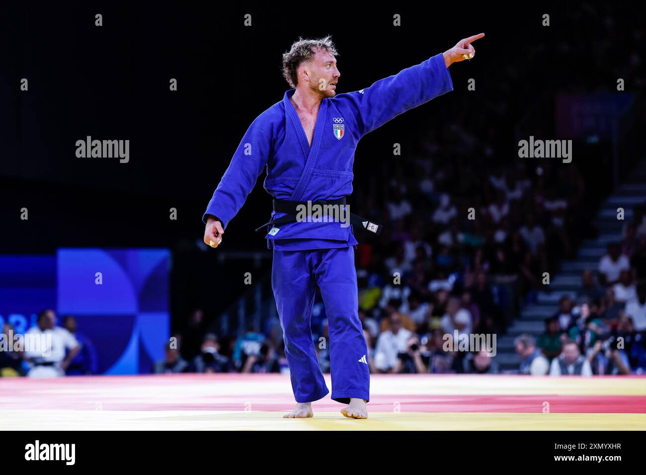 Antonio Esposito of Italy reacts after winning to Guilherme Schimidt of Brazil in the judo men's -81kg round of 16 at the Champ-de-Mars Arena during the Paris 2024 Olympics Games on July 30, 2024 in Paris, France. AFP7 30/07/2024 (Europa Press via AP) Banque D'Images