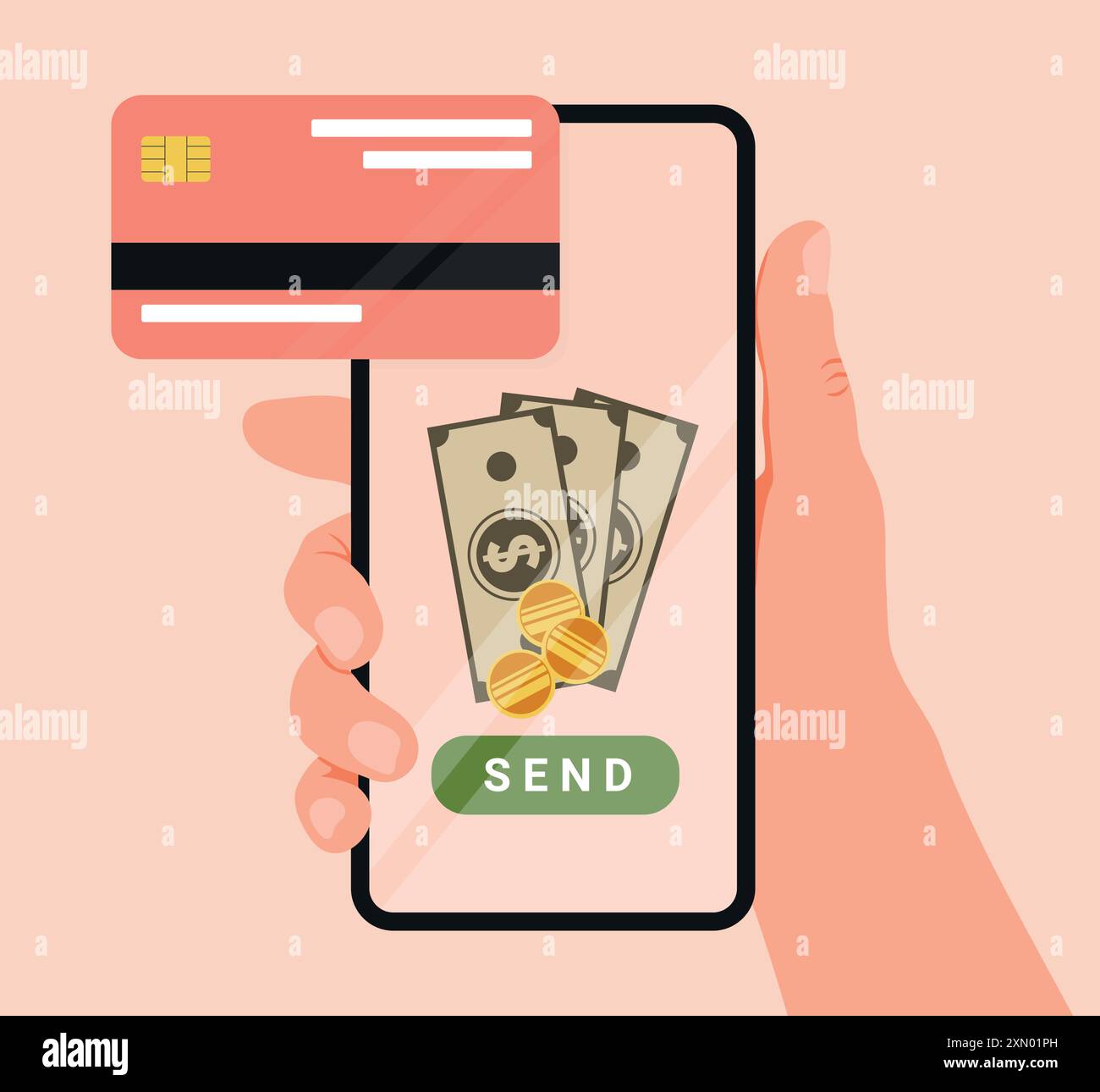 Concept de transfert d'argent en ligne avec téléphone en main. Envoi d'argent en ligne à partir d'un mobile vers une carte plastique. Paiement mobile, transactions en ligne, cashback. VEC Illustration de Vecteur