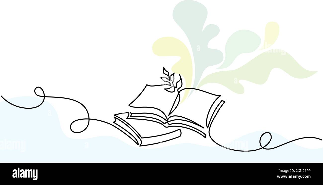 Livre ouvert avec branche de feuilles cadre de coin. Dessin continu sur une ligne Illustration de Vecteur