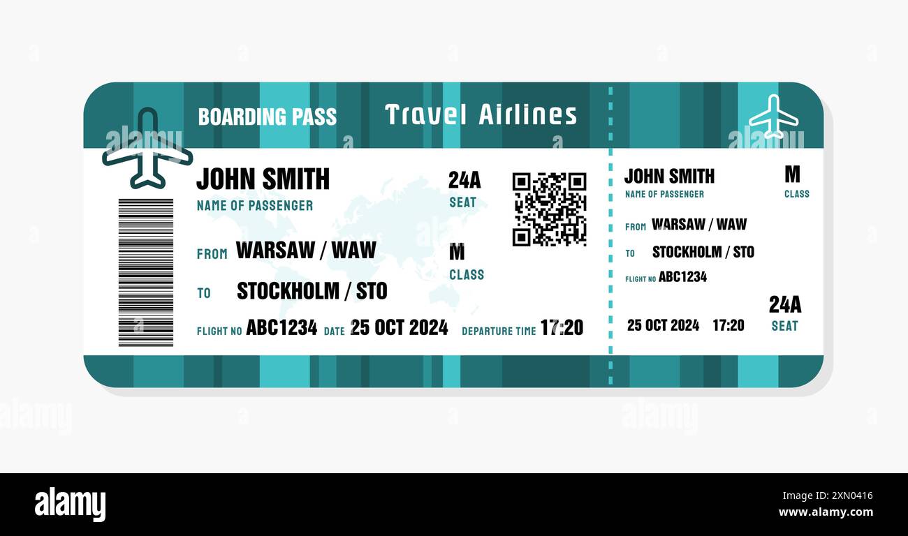 Billet pour Stockholm, Suède. Modèle de carte d'embarquement avec données génériques. Illustration vectorielle de billet d'avion de voyage avec code QR. Illustration de Vecteur
