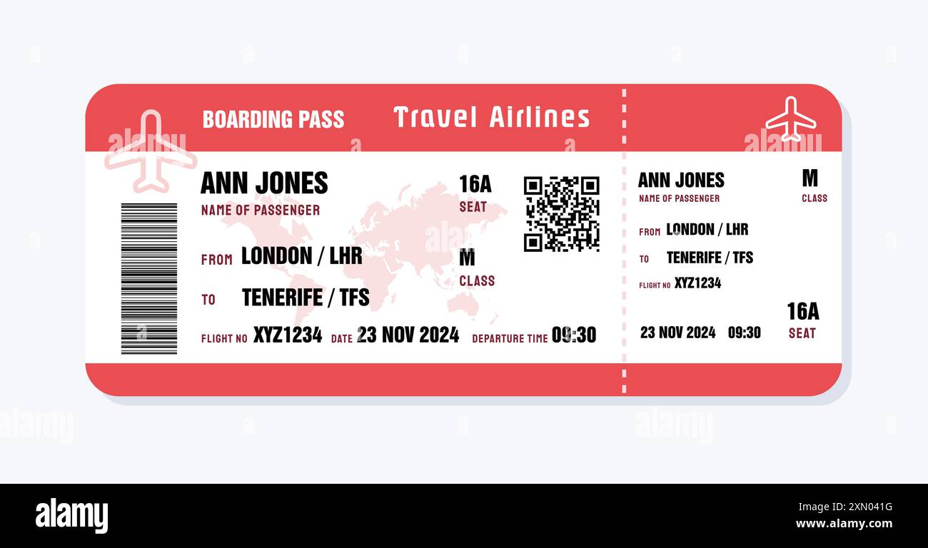 Billet pour Tenerife, îles Canaries. Modèle de carte d'embarquement avec données génériques. Illustration vectorielle de billet d'avion de voyage avec code QR. Illustration de Vecteur