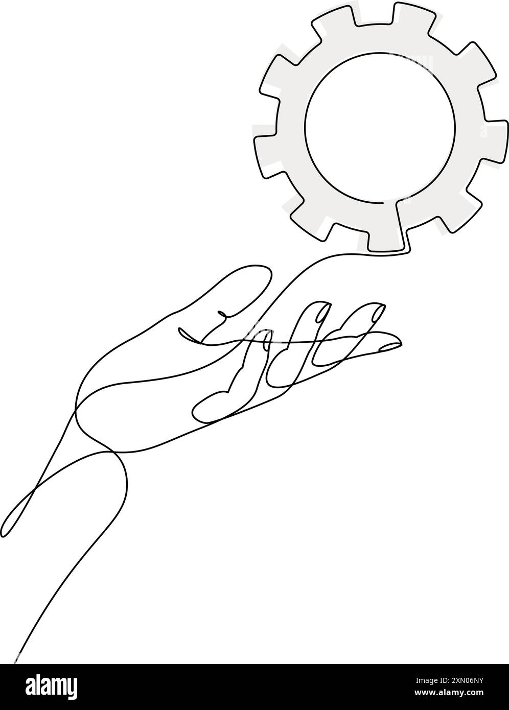 Dessin continu sur une ligne d'une main humaine tenant un équipement métallique. Engrenage de roue de la machine dans le bras dessiné avec une seule ligne. Roue dentée sur paume. Illustration vectorielle Illustration de Vecteur