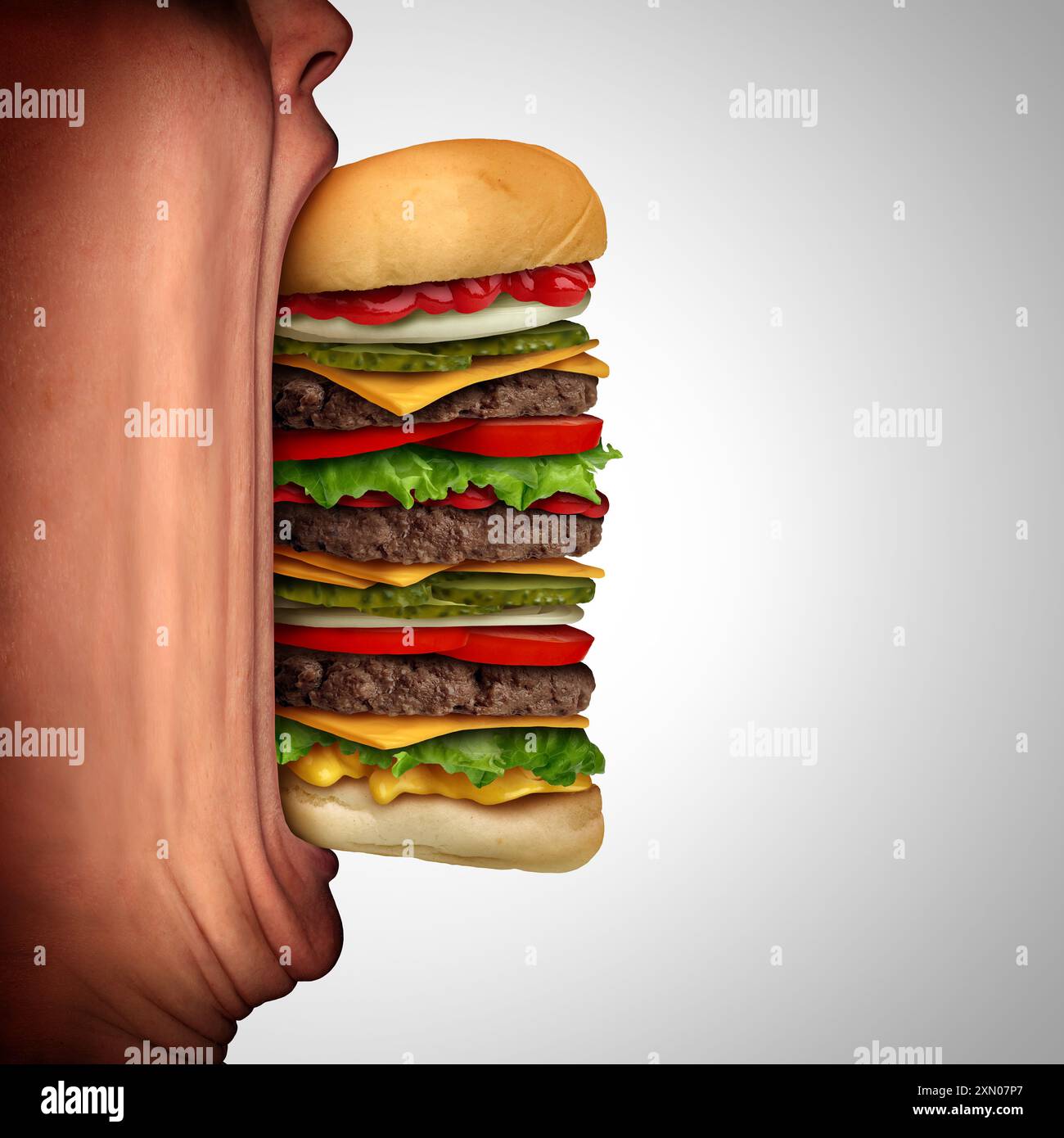 Trouble de l'alimentation de binge et mangeur émotionnel comme une personne compulsive de surmanger ou un symbole de faim extrême et énorme portion de nourriture comme un hamburger géant Banque D'Images
