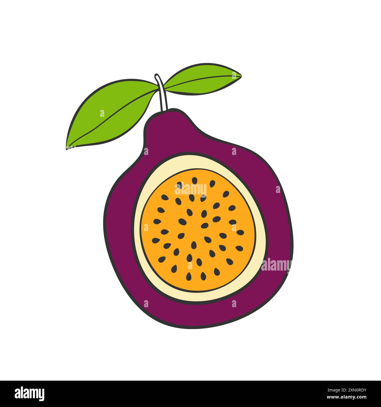 Fruit de la passion avec des feuilles, dessin stylisé, icône de logo, isolé sur fond blanc. Illustration vectorielle Illustration de Vecteur