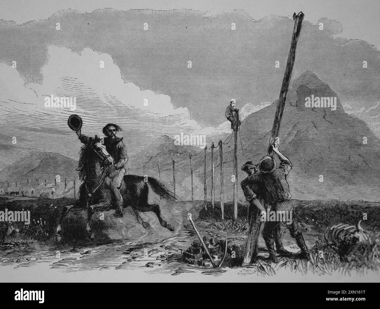 Construction de la Telegrpah transcontinentale. Illustration de 1867 de Harper's Weekly. Un cavalier du Pony Express passe devant les ouvriers qui construisent le nid Banque D'Images