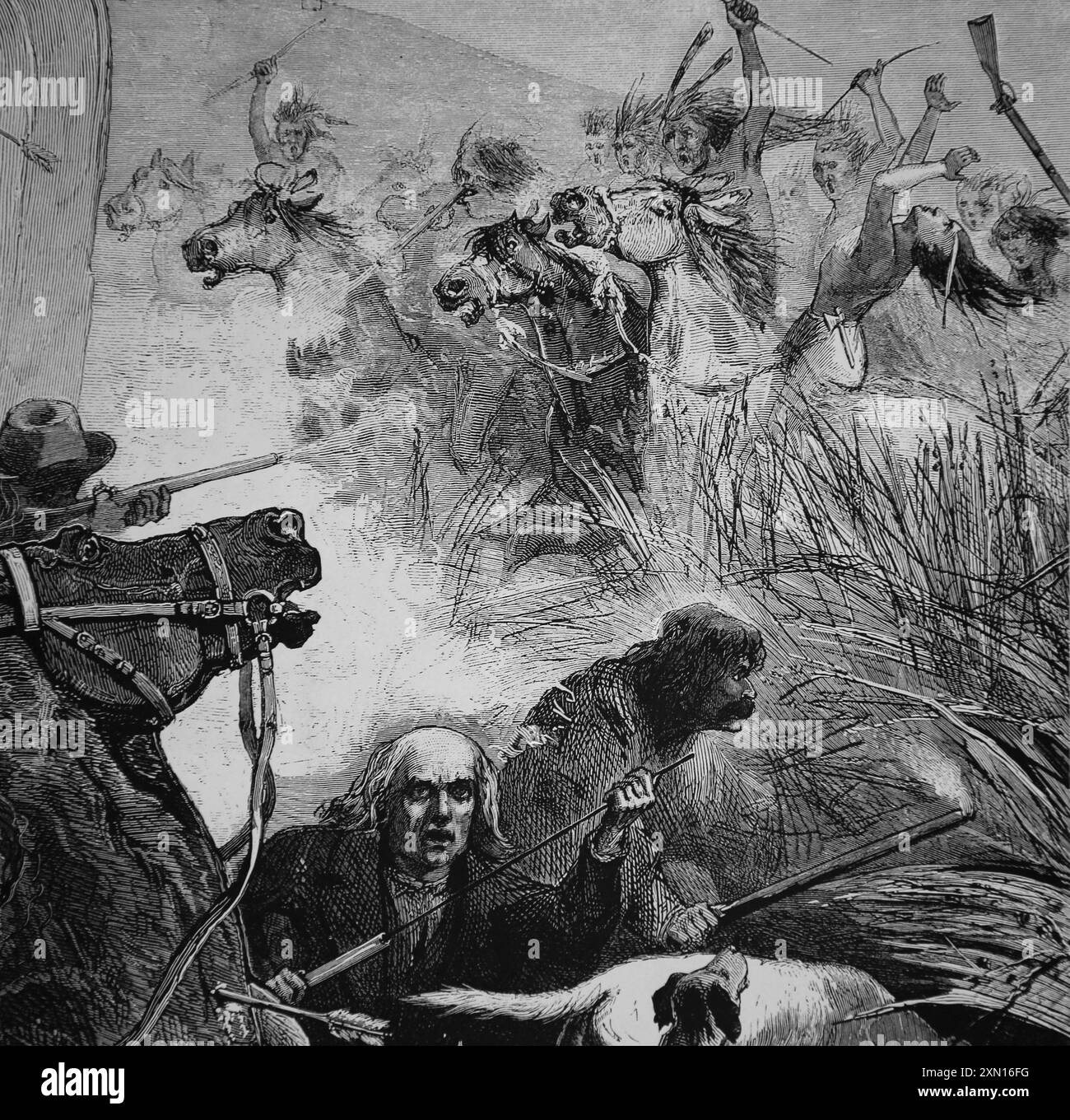 Ouest américain. Pionniers défendant leur wagon lors d'une attaque indienne. Gravure, 1876. Harper's Weeky. Banque D'Images