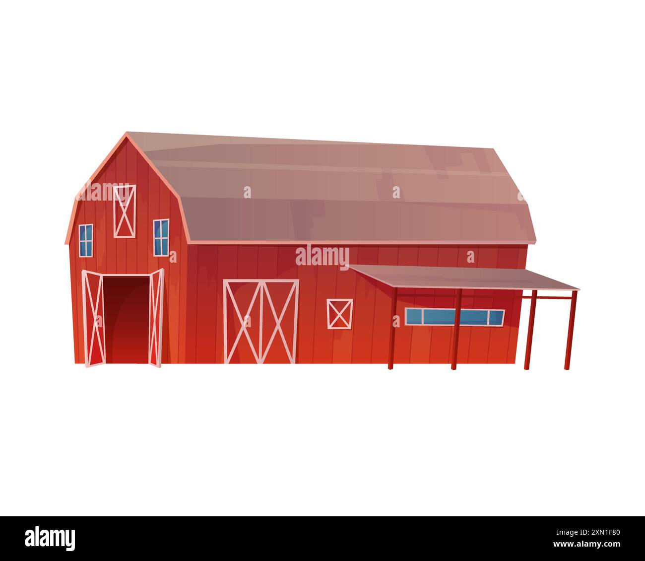 Grange de ferme rouge, bâtiment en bois avec porte ouverte et illustration vectorielle de canopée Illustration de Vecteur