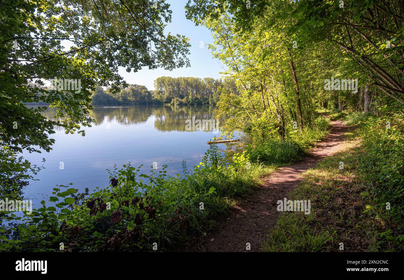 Belle vue sur l'étang de pêche de Carandeau en été situé sur la commune de Choisy-au-bac, dans le département de l'Oise, dans les hauts-de-France. Banque D'Images