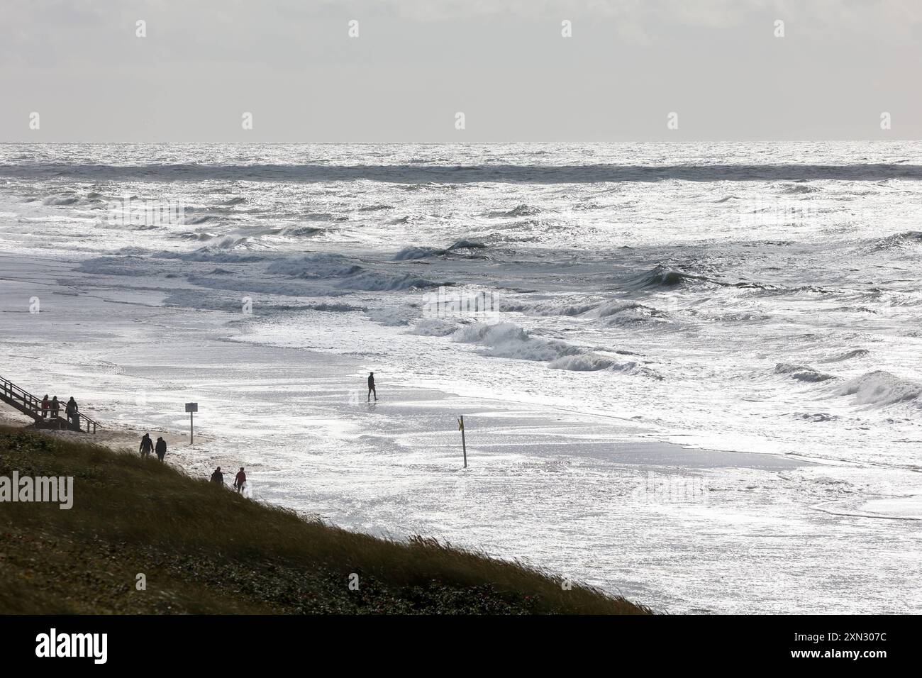 Stürmischer Tag am Strand von Westerland, Sylt DEU, Deutschland, Sylt, Westerland : Das Bild zeigt einen weiten Strandabschnitt in Westerland auf Sylt. Mehrere Personen spazieren entlang des Strandes, während hohe Wellen auf die Küste treffen. Der Himmel ist bewölkt und das Meer wirkt stürmisch. IM Vordergrund sind grasbewachsene Dünen zu sehen. Westerland Sylt Schleswig Holstein Deutschland *** jour de tempête sur la plage de Westerland, Sylt DEU, Allemagne, Sylt, Westerland la photo montre une large étendue de plage à Westerland sur Sylt plusieurs personnes marchent le long de la plage tandis que de hautes vagues frappent le sh Banque D'Images