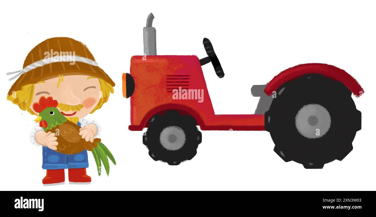 scène de dessin animé avec l'homme fermier debout faisant une activité près du tracteur isolé illustation de fond pour les enfants Banque D'Images