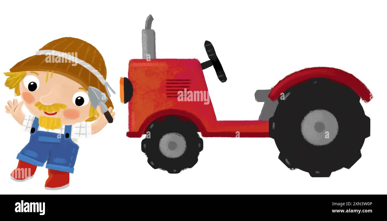 scène de dessin animé avec l'homme fermier debout faisant une activité près du tracteur isolé illustation de fond pour les enfants Banque D'Images