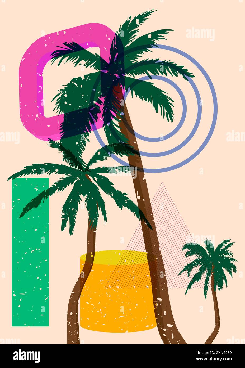 Risograph Palm Trees avec des formes géométriques. Les objets dans le graphique riso à la mode impriment la conception de style de texture avec des éléments géométriques. Illustration de Vecteur