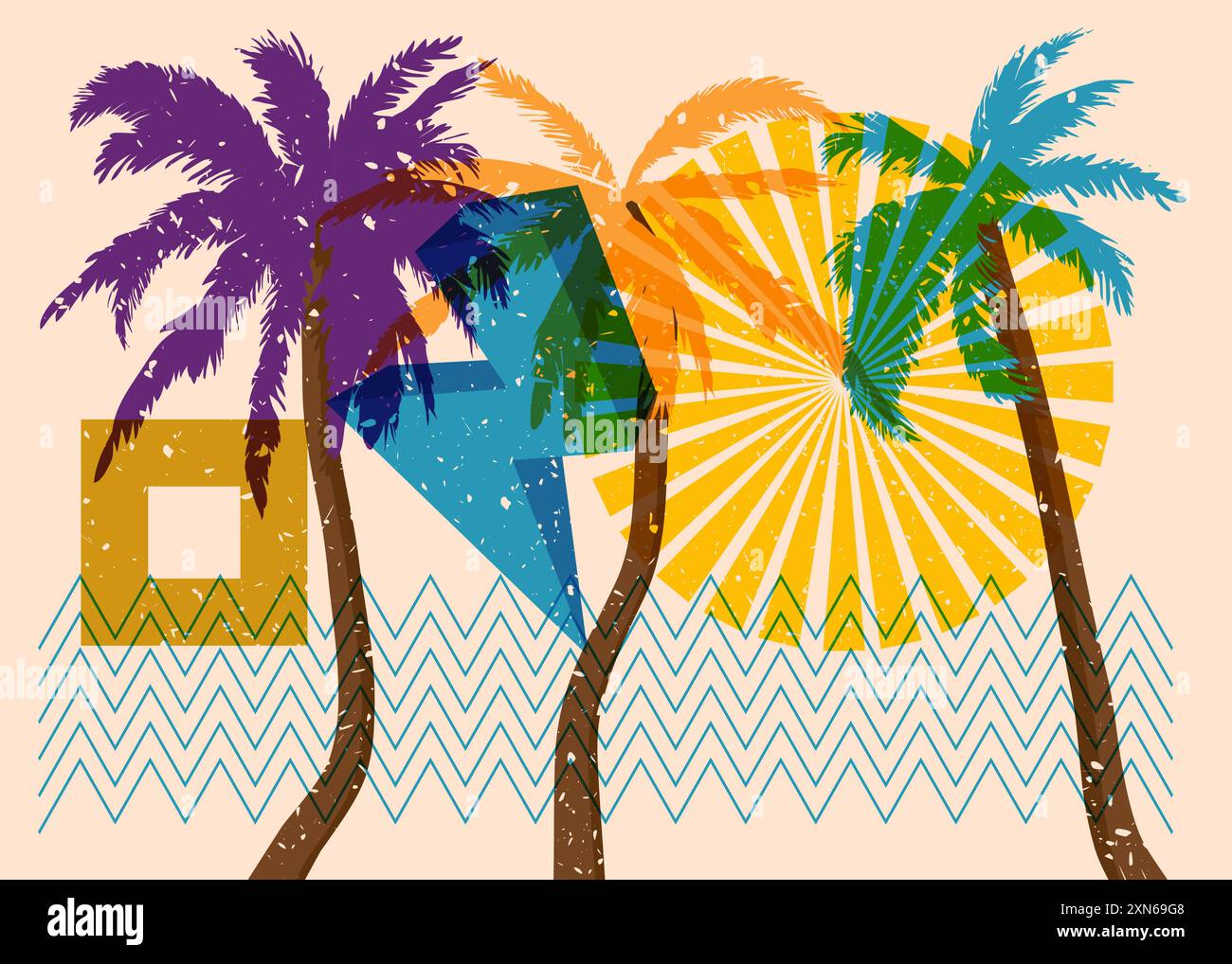 Risograph Palm Trees avec des formes géométriques. Les objets dans le graphique riso à la mode impriment la conception de style de texture avec des éléments géométriques. Illustration de Vecteur
