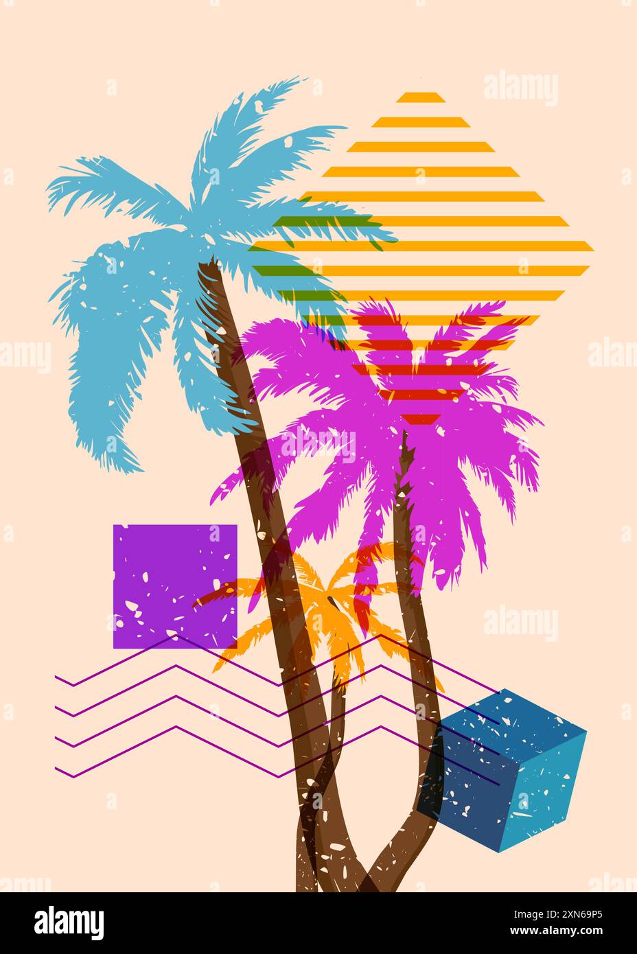 Risograph Palm Trees avec des formes géométriques. Les objets dans le graphique riso à la mode impriment la conception de style de texture avec des éléments géométriques. Illustration de Vecteur