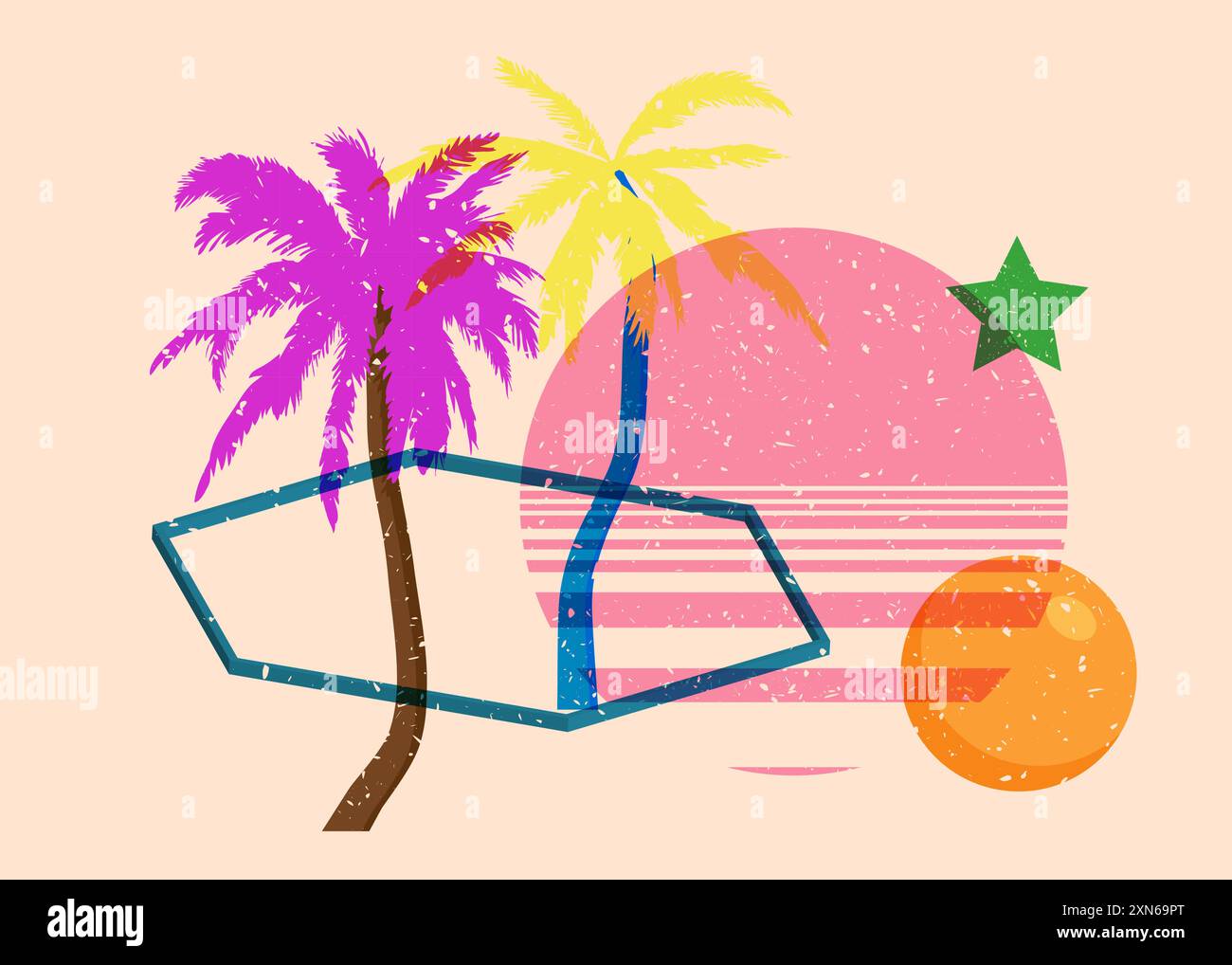 Risograph Palm Trees avec des formes géométriques. Les objets dans le graphique riso à la mode impriment la conception de style de texture avec des éléments géométriques. Illustration de Vecteur