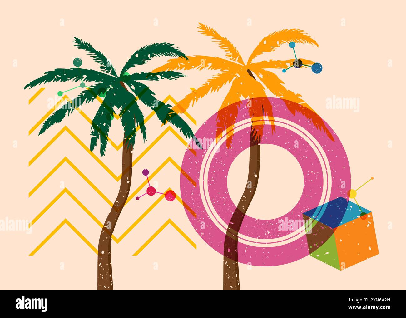Risograph Palm Trees avec des formes géométriques. Les objets dans le graphique riso à la mode impriment la conception de style de texture avec des éléments géométriques. Illustration de Vecteur