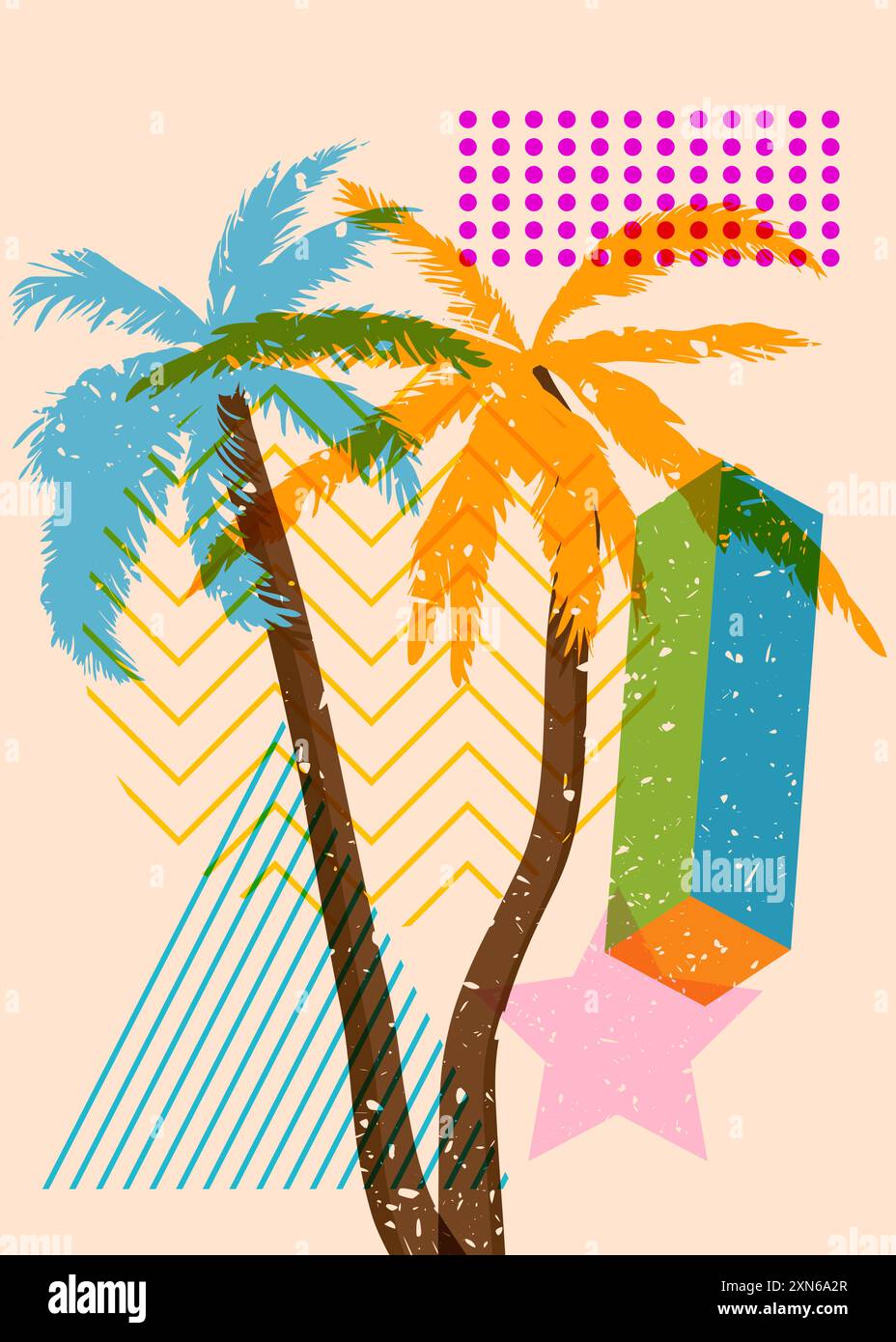 Risograph Palm Trees avec des formes géométriques. Les objets dans le graphique riso à la mode impriment la conception de style de texture avec des éléments géométriques. Illustration de Vecteur