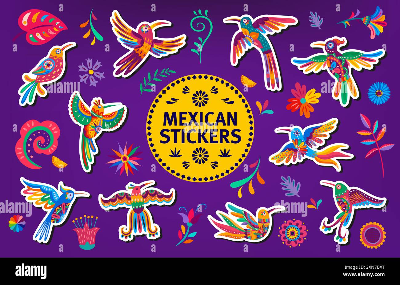 Lot d'autocollants colorés colibris mexicains. Oiseaux vibrants, fleurs et motifs dans le style alebrije traditionnel avec des couleurs riches et des motifs fantaisistes c Illustration de Vecteur