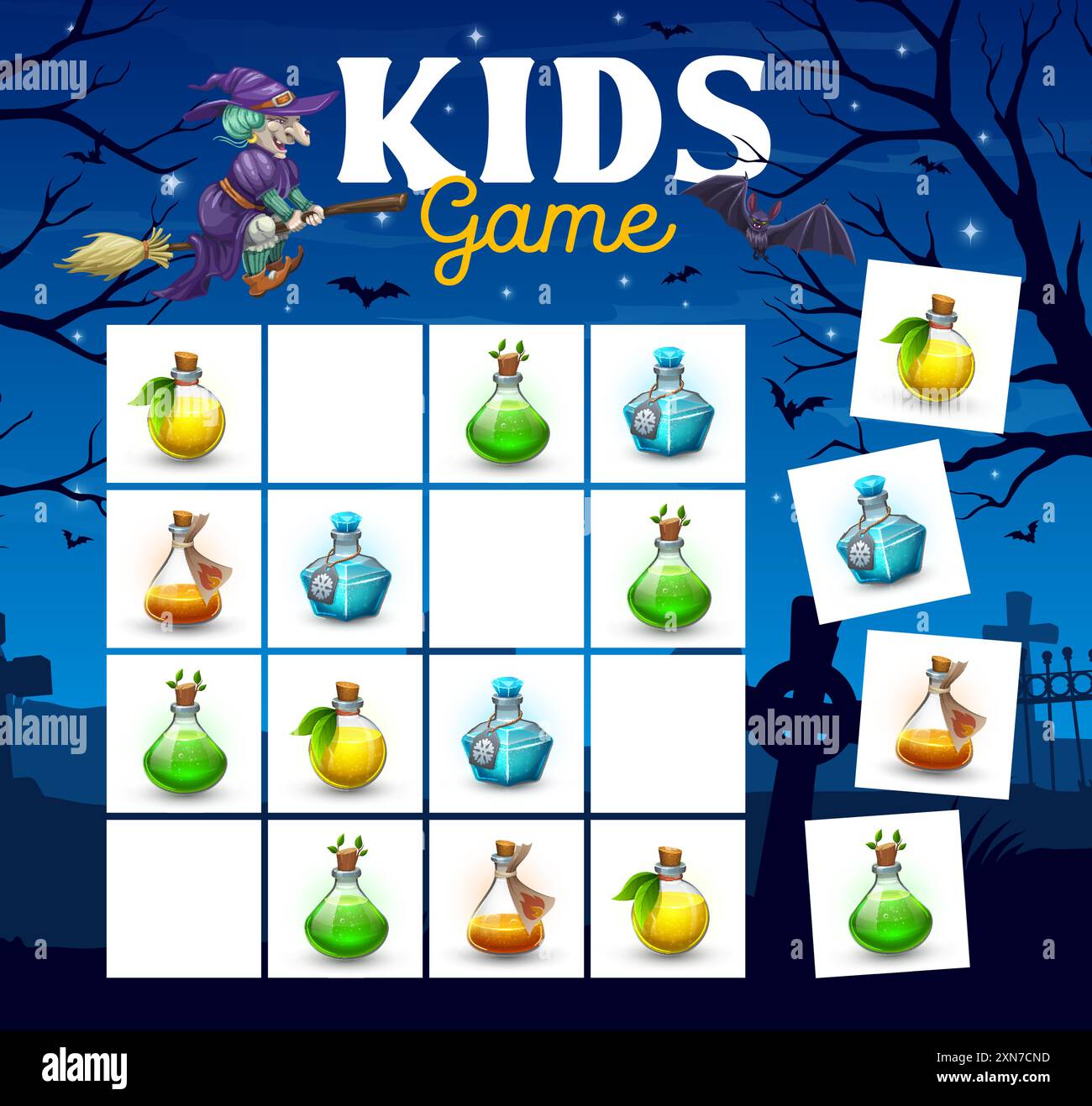 Jeu de sudoku pour enfants d'Halloween avec des bouteilles de sorcière volantes et de potion. Énigme d'intelligence pour enfants, feuille de travail de vecteur de jeu de logique avec batte, volant sur la sorcière à balai Illustration de Vecteur