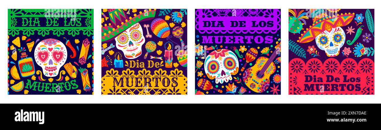 Fête mexicaine des morts Dia de Los Muertos bannières de place de vacances. Crânes de calavera de sucre vecteur, guitares et maracas, chapeaux sombrero, bougies, tequila Illustration de Vecteur
