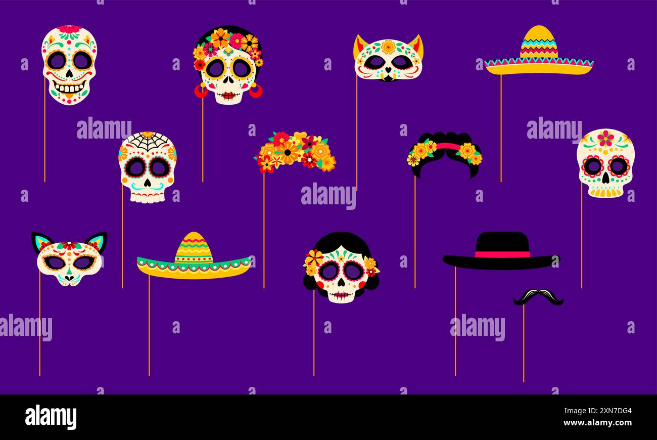 Masques de cabine photo de jour mort mexicain avec accessoires. Dia de los muertos ensemble de vacances de crânes, sombrero, couronne florale, moustaches et chats. Vecteur Spooky sm Illustration de Vecteur
