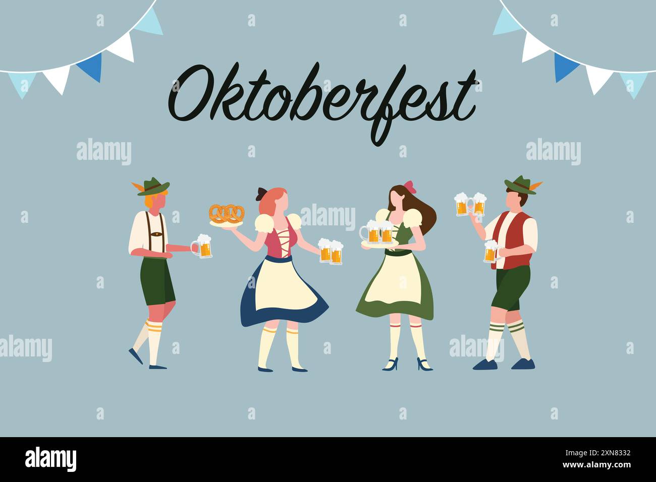 Groupe de personnes assistant à la fête de l'oktoberfest. homme et femme portant des vêtements traditionnels. Illustration de bande dessinée plate. Illustration de Vecteur