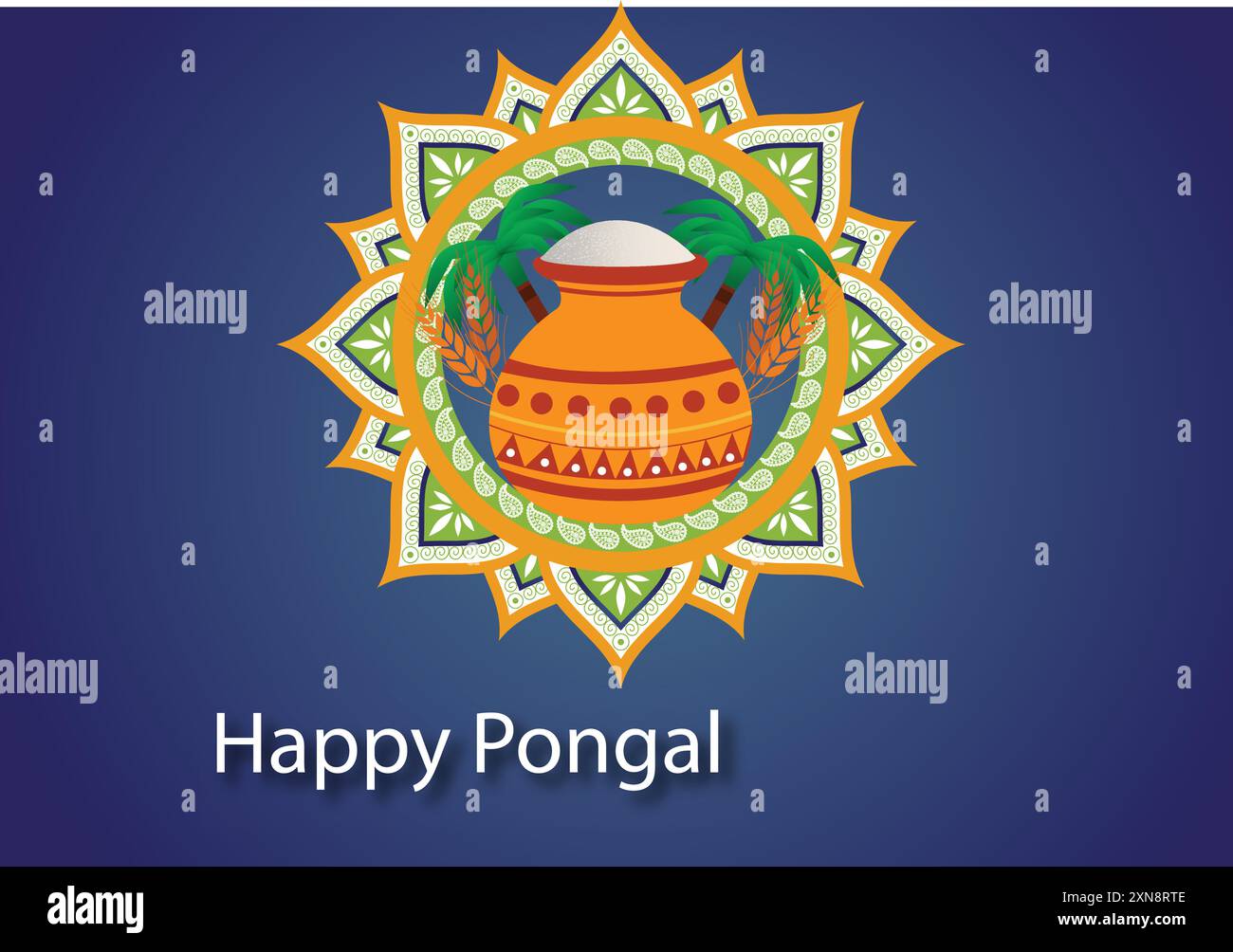 Affiche d'illustration vectorielle de célébration pongale heureuse montrant par arbre de coco et plaque de fruits avec riz bouilli jaggery dans le pot sur fond bleu. Illustration de Vecteur