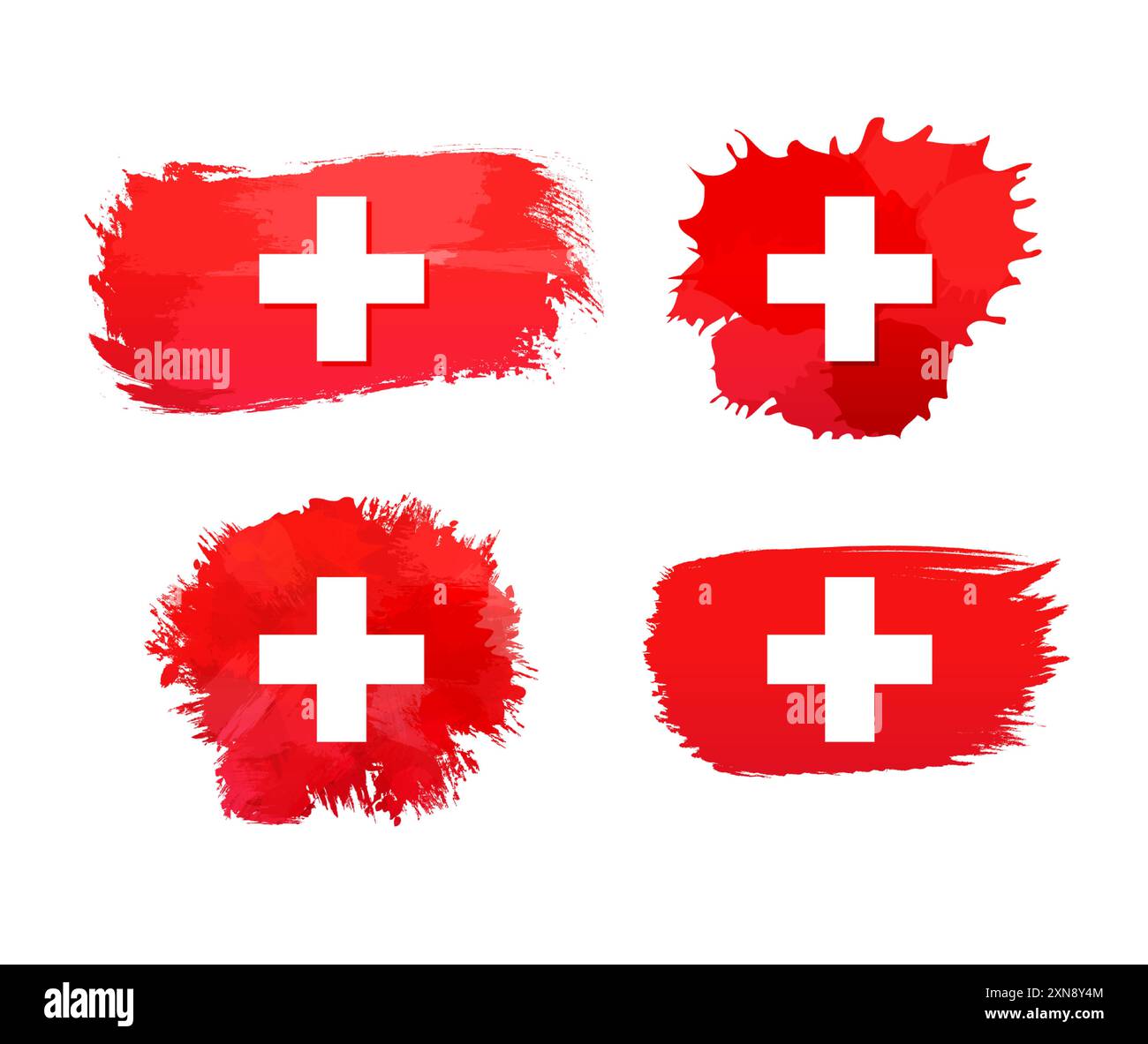 Ensemble d'icônes de drapeau suisse isolées. Taches d'aquarelle, motifs de coups de pinceau. Concept de symbole de la visite du week-end. Tache d'encre avec drapeau de la Suisse en toile de fond Illustration de Vecteur