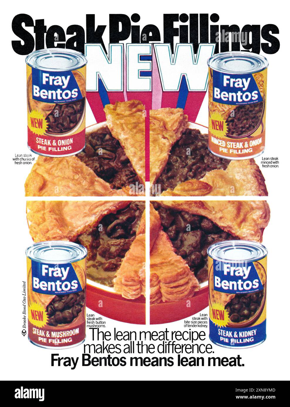 Publicité britannique de 1972 pour les garnitures pour tarte au steak Fray Bentos en conserve. Banque D'Images