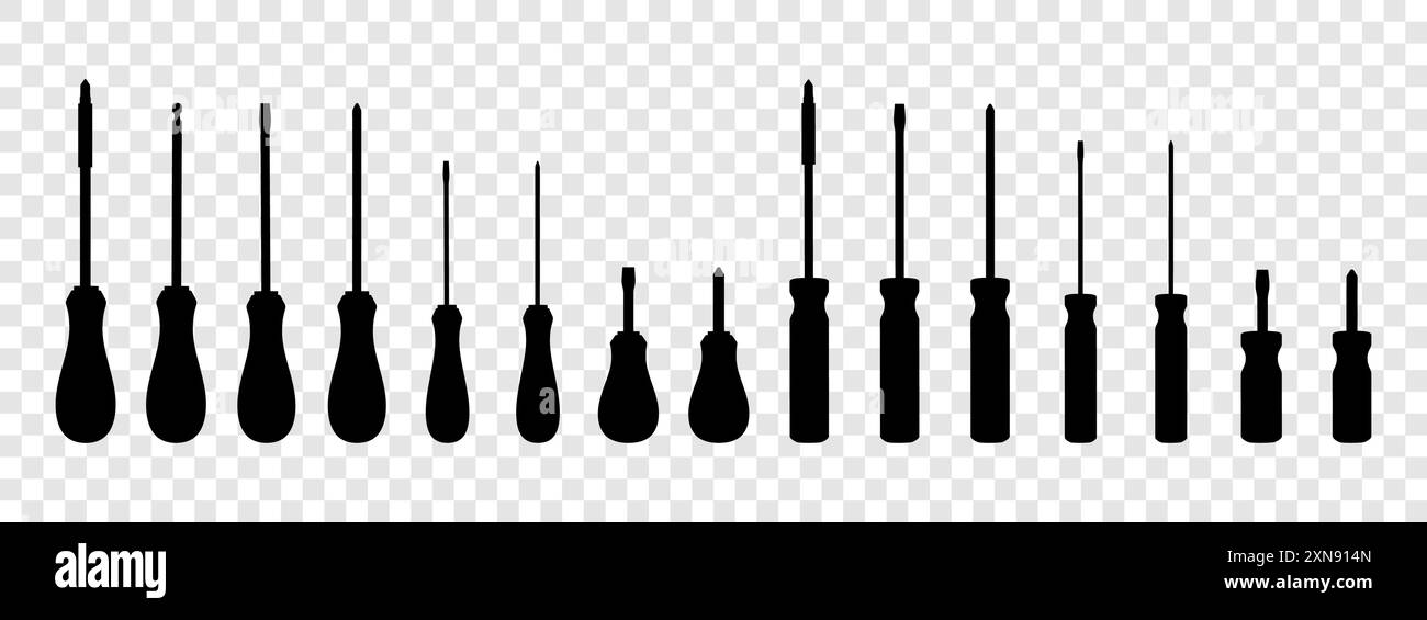 Jeu de tournevis isolés sur fond transparent. Tête plate et tournevis cruciformes, longs et courts. Outil pour réparations à domicile et travaux mécaniques Illustration de Vecteur