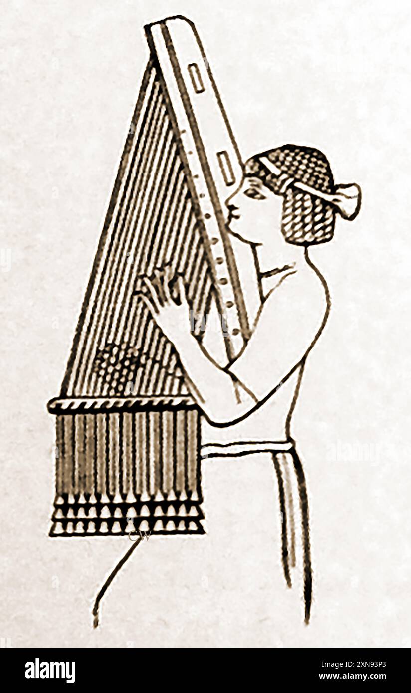 Une illustration vintage montrant une ancienne harpe assyrienne Banque D'Images