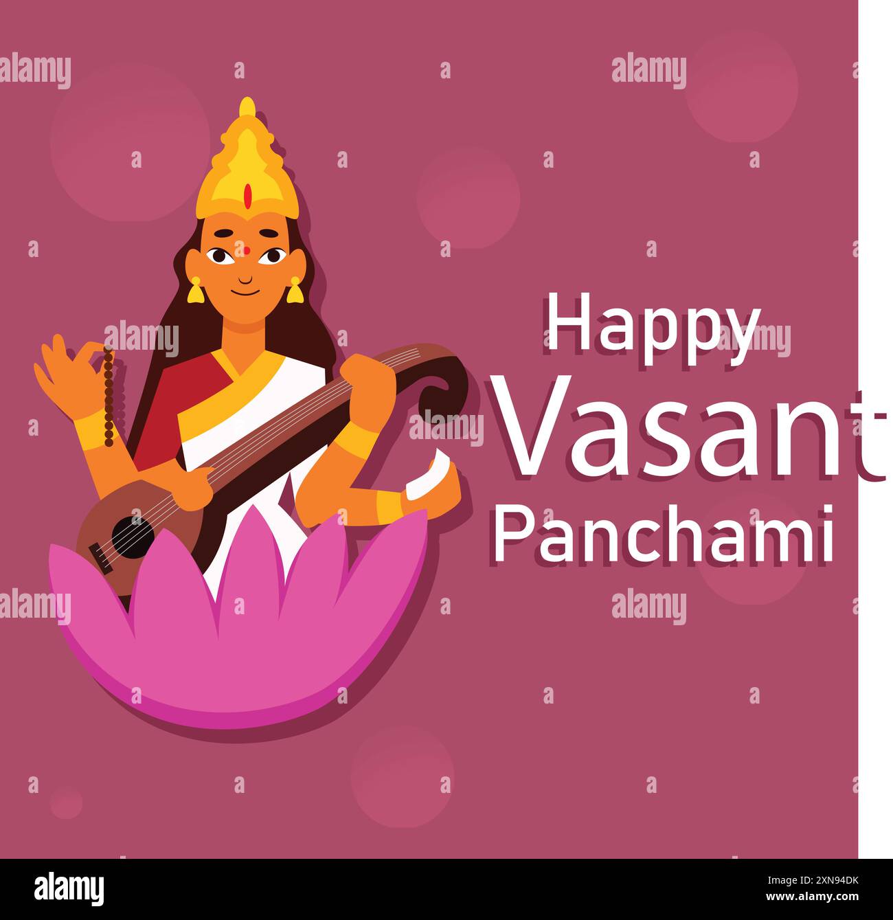 Affiche d'illustration vectorielle de panchami basant heureux, déesse saraswati assise sur la fleur de lotus. Illustration de Vecteur