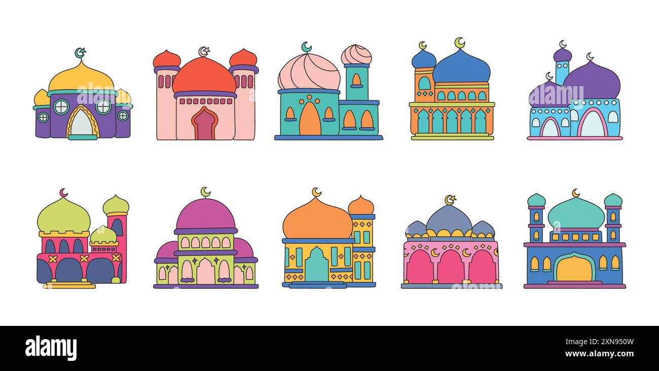 Ensemble mosquée Doodle mignon dessiné à la main Illustration de Vecteur