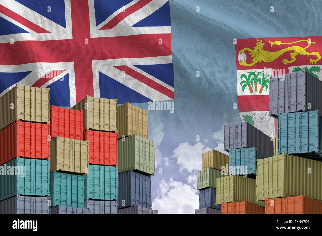 Drapeau de Fidji et grande pile de conteneurs de fret maritime dans les docks avec fond de ciel en gros plan Banque D'Images