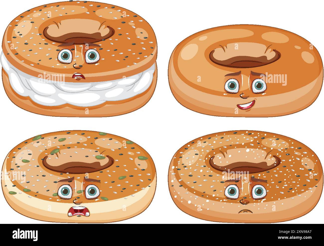 Quatre bagels avec diverses expressions faciales Illustration de Vecteur