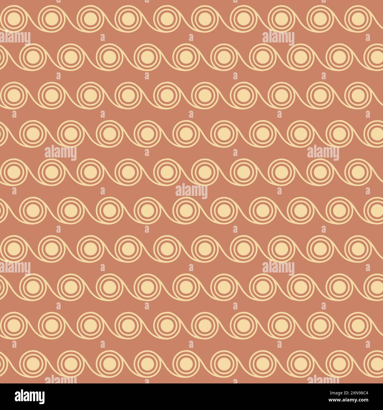 Motif répétitif de formes circulaires et ondulées disposées en rangées horizontales. Lignes beiges sur fond en terre cuite muette. Illustration de Vecteur