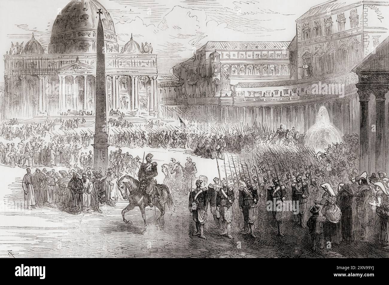 Départ des Zouaves pontificaux, recevant la bénédiction du Pape, 1870. Les Zouaves pontificaux étaient un bataillon d'infanterie dédié à la défense des États pontificaux, ils se portèrent volontaires pour aider le pape Pie IX dans sa lutte contre le Risorgimento unificationniste italien. Extrait de Cassell's Illustrated History of England, publié vers 1880. Banque D'Images