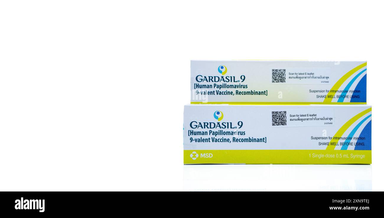 CHONBURI, THAÏLANDE - 14 JUIN 2024 : vaccin contre le VPH Gardasil 9. Prévention du virus du papillome humain, vaccin recombinant 9-valent dans un emballage en carton Banque D'Images