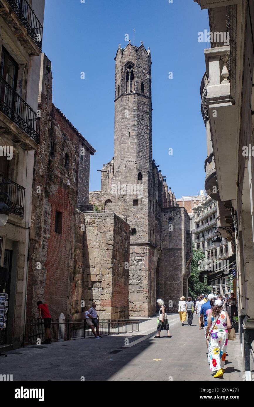 Barcelone, Espagne - 29 juillet 2024 : Torre Mirador del Rei Marti - Tour de guet du Roi Martin, Palau Reial Major, Banque D'Images