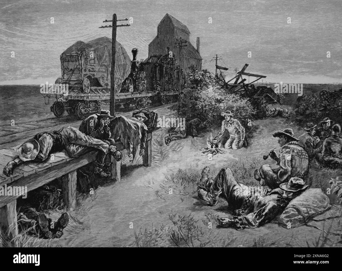 ÉTATS-UNIS. Old West. Hommes qui cherchent avant-guerre à un avenir plus prospère dans les voies ferrées. Gravure. Harper's Weekly, 1874. Banque D'Images