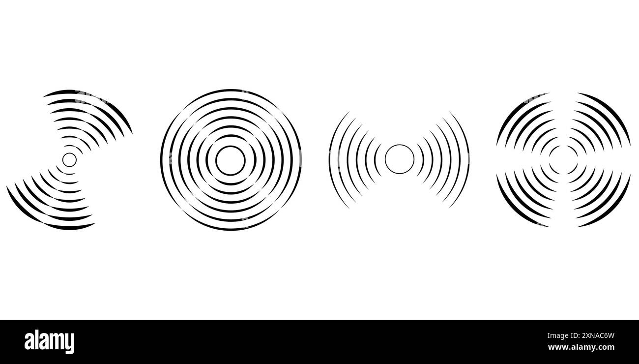 Ensemble d'icônes d'ondulation circulaire. Cercles concentriques avec lignes interrompues isolés sur fond blanc. Vortex, onde de sonar, onde sonore, onde solaire, signaux de signal Illustration de Vecteur