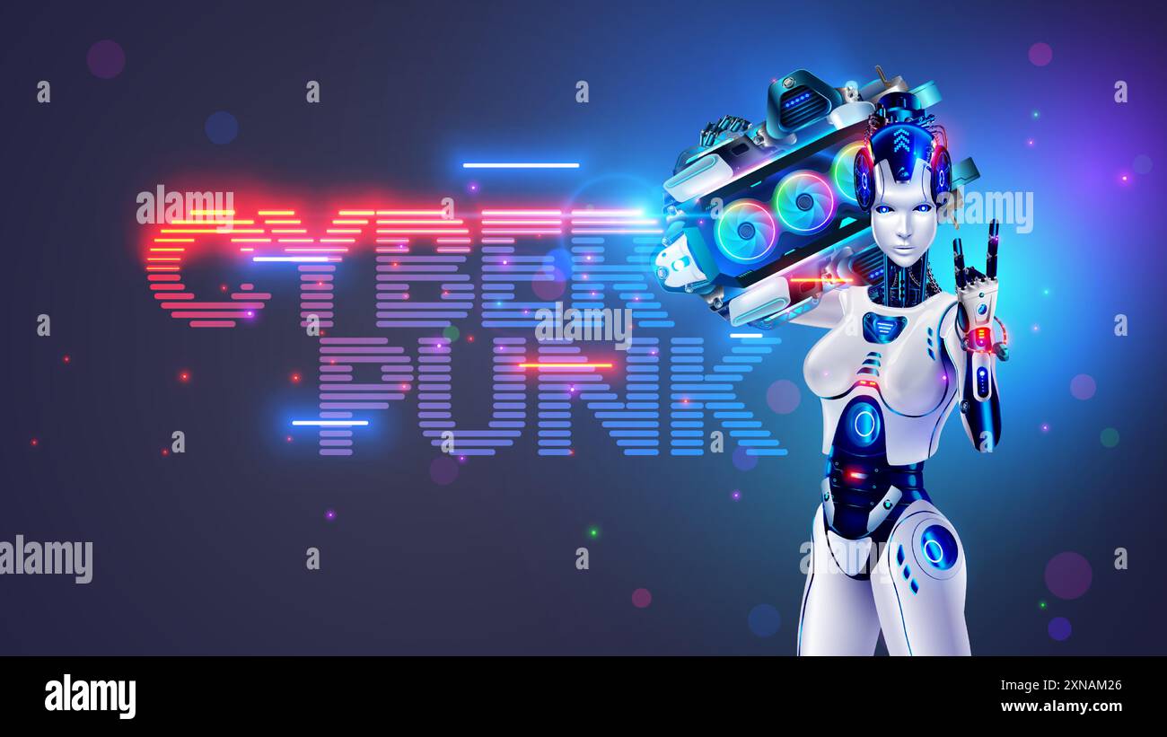 Brutal robot Girl avec haut-parleur de musique sur son épaule montre un geste rock. Affiche de bannière de festival de musique électronique. Robot féminin punk rock dans le cyberpunk Illustration de Vecteur