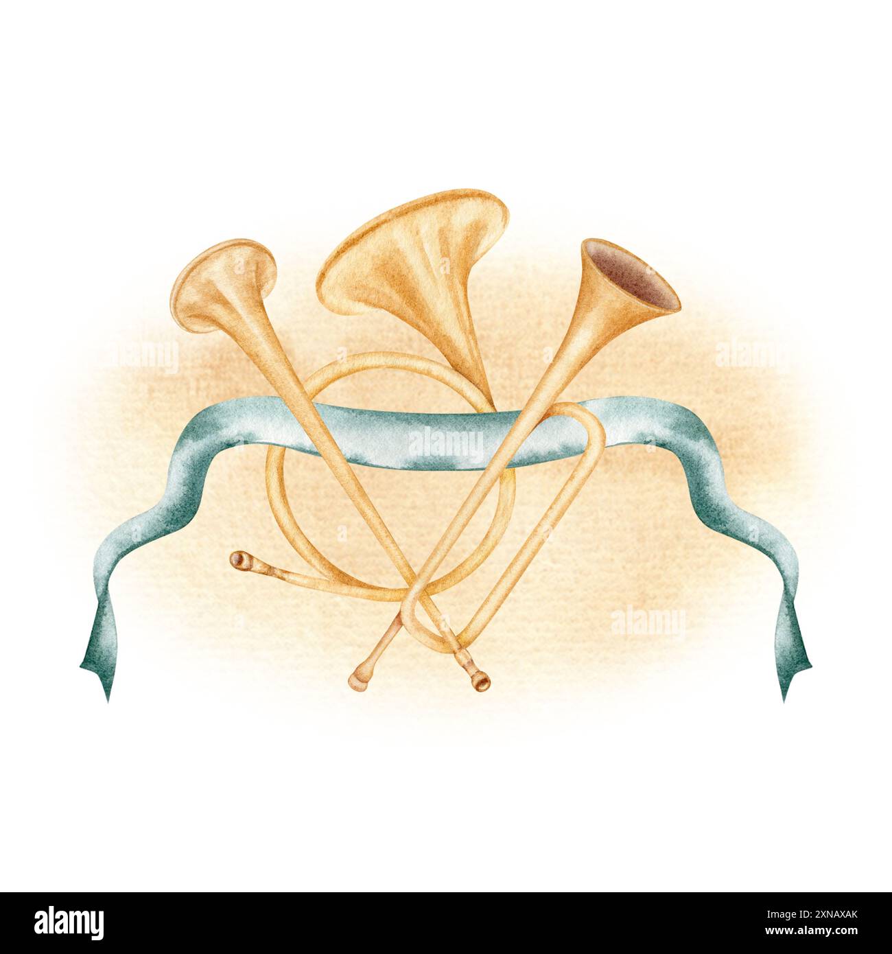 Composition de style antique avec trompettes fanfare et cornes décorées de ruban bleu sur éclaboussure de lavage abstrait. Illustration d'aquarelle dessinée à la main isola Banque D'Images