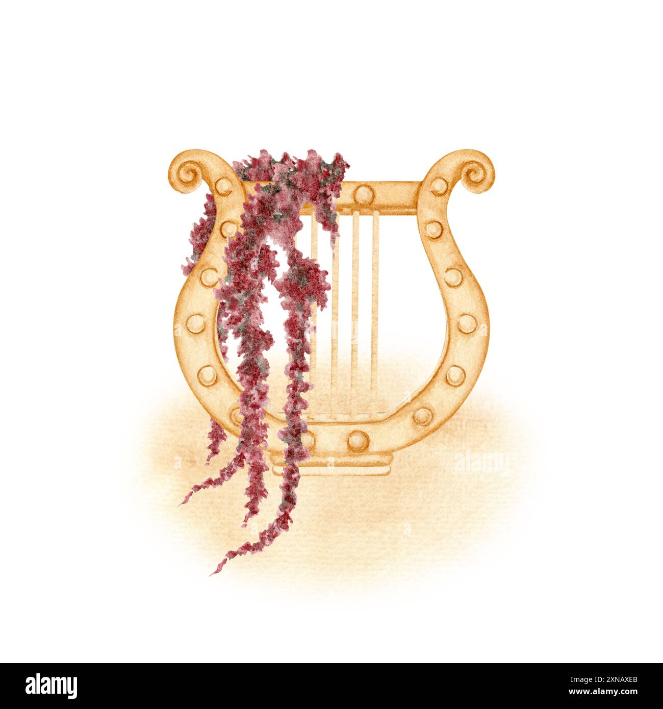 Lyre grecque antique décorée de guirlande de fleurs. Instrument de musique antique. Illustration aquarelle isolée sur fond blanc. Pour théâtre et p. Banque D'Images