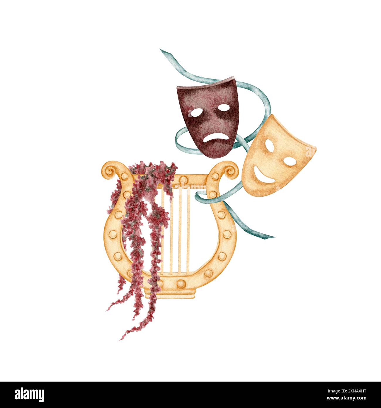Lyre grecque antique avec masques d'acteurs théâtraux. Instrument de musique antique. Illustration aquarelle isolée de l'arrière-plan. Pour théâtre et pla Banque D'Images
