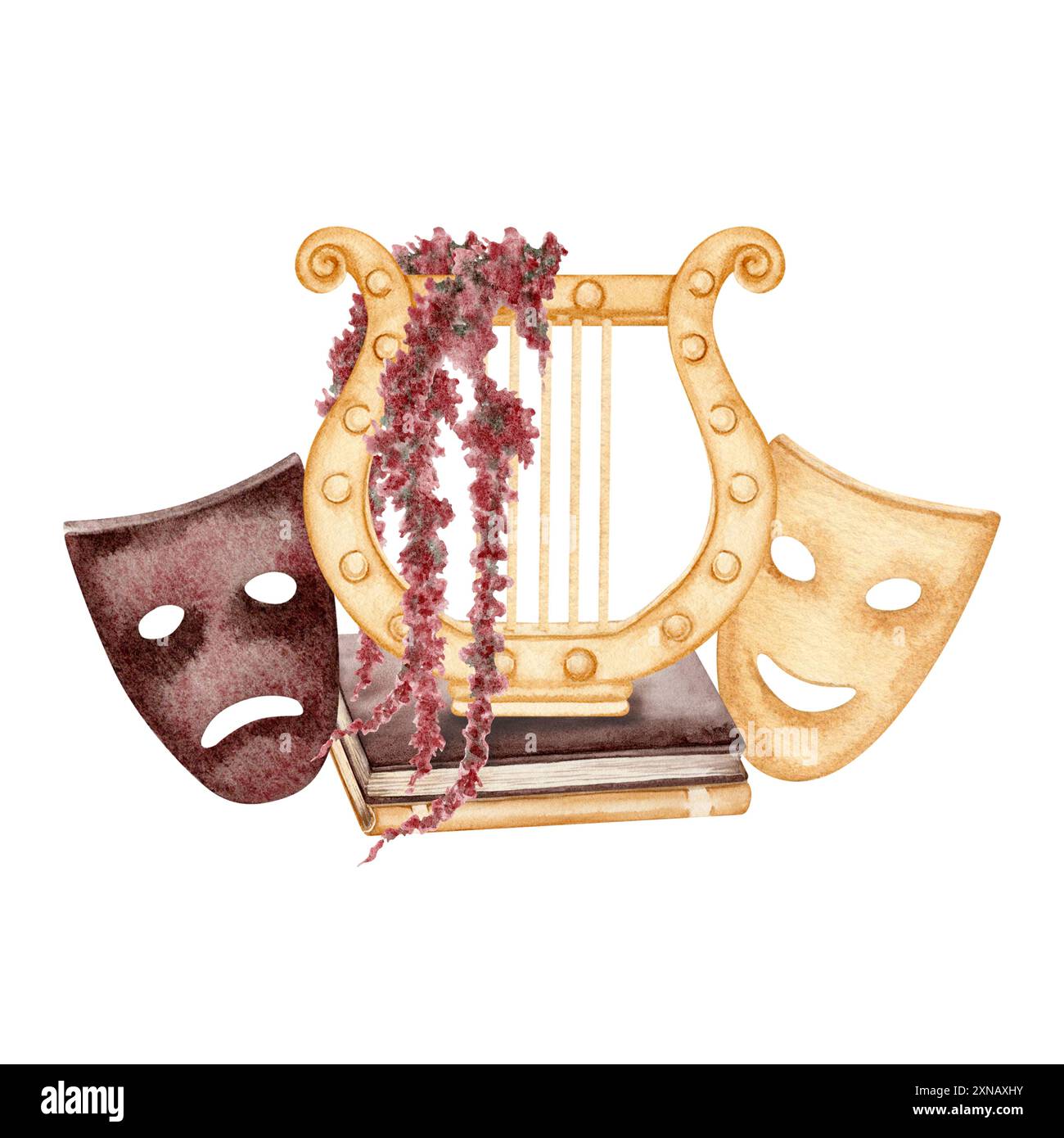 Lyre grecque antique avec masques d'acteurs théâtraux. Instrument de musique antique. Illustration aquarelle isolée de l'arrière-plan. Pour théâtre et pla Banque D'Images