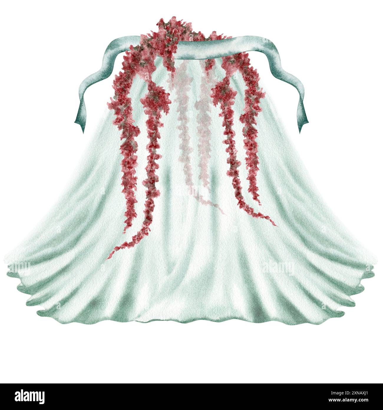 Toile de fond de rideau transparent. Rideaux bleus décoratifs avec guirlandes de fleurs. Illustration d'aquarelle dessinée à la main isolée de l'arrière-plan. Style vintage fr Banque D'Images