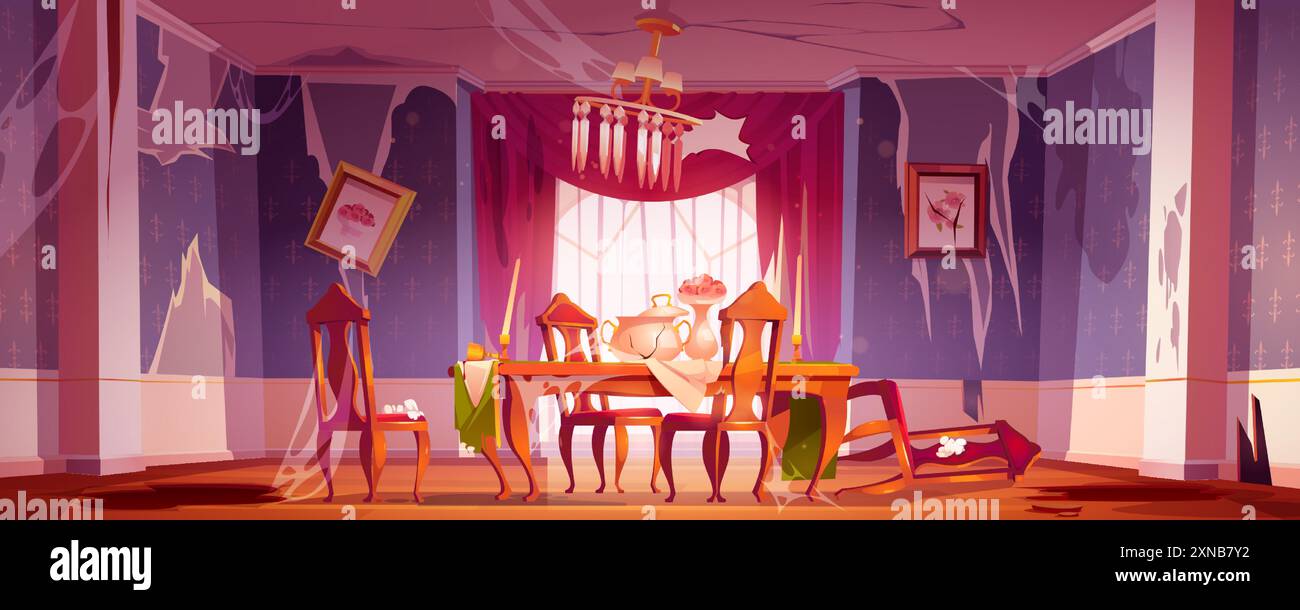 Ancien intérieur vide abandonné sale de salle à manger dans un style victorien vintage avec table et chaises cassées, bougies et lustre antique, rideaux et papiers peints déchirés, ustensiles et murs endommagés. Illustration de Vecteur