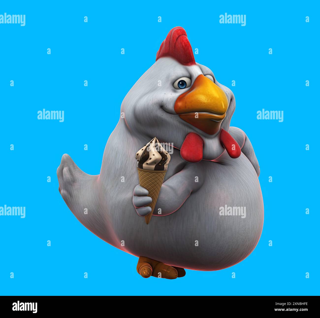 Poulet de dessin animé amusant avec une crème glacée Banque D'Images