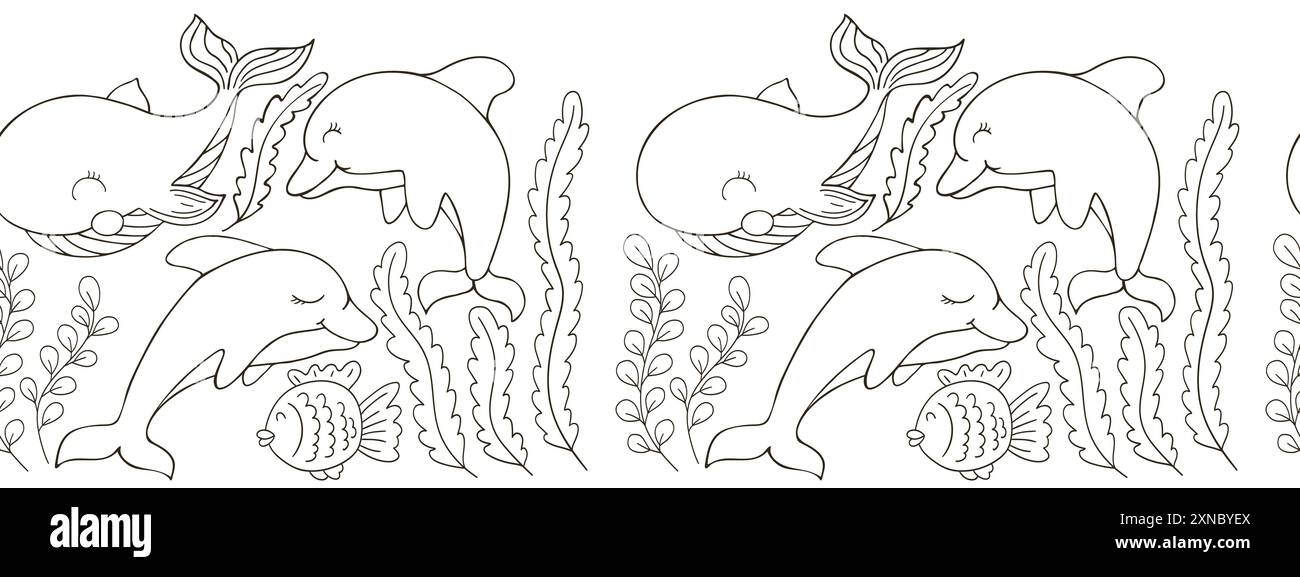 Frontière marine sans couture. Dessin monochrome de conte de fées. Habitants de la mer. Conception vectorielle pour papier, couverture et autre utilisation Illustration de Vecteur